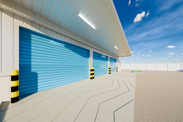 Roller door or roller shutter. Also called security door or security shutter. For protection home and industrial building i.e. factory, warehouse, hangar, workshop, store, hall or garage. 3d render.