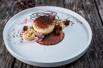 tiramisu with cacao powder and chocolate