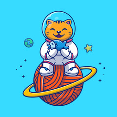 Astronaut Cat Holding Fish Vector Icon Illustration. Mascot Cartoon Character. Animal Icon Concept White Isolated. Flat Cartoon Style Suitable for Web Landing Page, Banner, Flyer, Sticker, Card