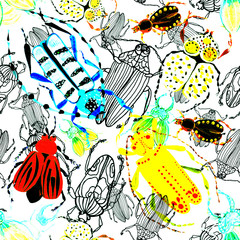 Pattern of colored watercolor beetles. Red beetle, blue, stag beetle, bronze. Insects with wings, entomology. Forest beautiful insects with small details. Textiles, wallpaper, stock illustration.
