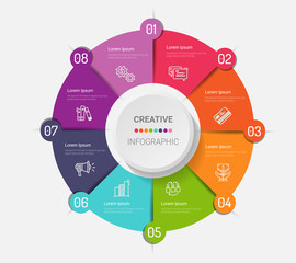 Circle Infographic thin line design and 8 options or steps. Infographics for business concept. Can be used for presentations banner, workflow layout, process diagram, flow chart.