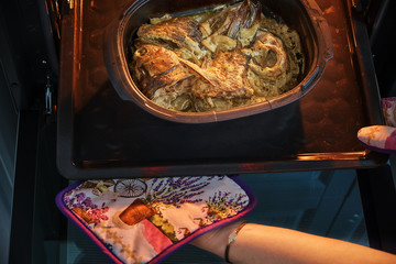 Fresh baked fish in oven