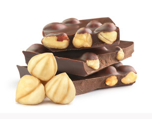 Chocolate with hazelnuts on a white background