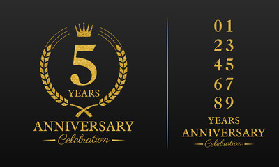 05 years golden glitter anniversary celebration badge, additional elements added for compilation any dates or years. Vector illustration.