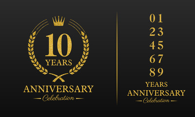 Fototapeta na wymiar 10 years golden glitter anniversary celebration badge, additional elements added for compilation any dates or years. Vector illustration.