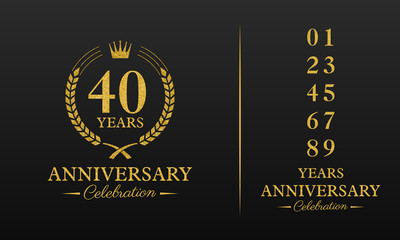 Fototapeta premium 40 years golden glitter anniversary celebration badge, additional elements added for compilation any dates or years. Vector illustration.