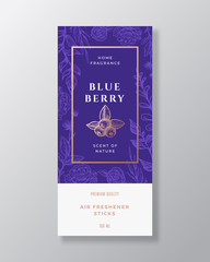 Blueberry Home Fragrance Abstract Vector Label Template. Hand Drawn Sketch Flowers, Leaves Background and Retro Typography. Premium Room Perfume Packaging Design Layout. Realistic Mockup.