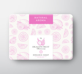 Dragon Fruit Bath Soap Cardboard Box. Abstract Vector Wrapped Paper Container with Label Cover. Packaging Design. Modern Typography and Hand Drawn Citrus Background Pattern Layout.