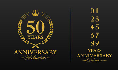Fototapeta na wymiar 50 years golden glitter anniversary celebration badge, additional elements added for compilation any dates or years. Vector illustration.