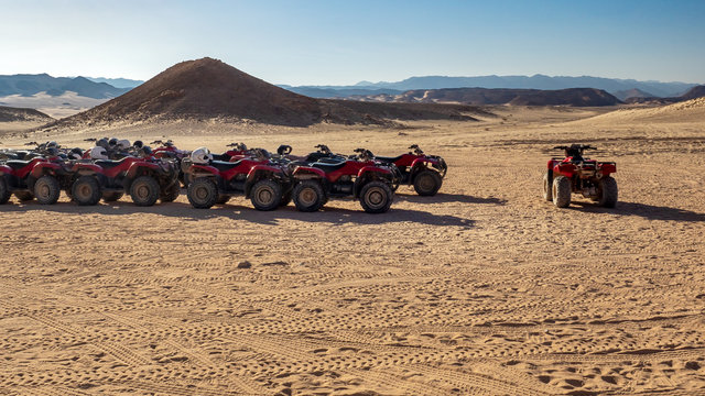  Panorama Of Mountain Landscape In Egypt With Quads, No People. Active Leisure And Adventure In A Stone Desert - Extreme Tour Or Safari For Tourists On Quad Bikes.