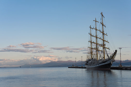 Russian tall ship Pallada in the port of Ushuaia, Argentina