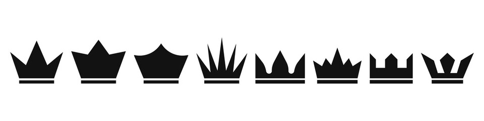 Set of crown icons. Royal, luxury symbol. King, queen abstract geometric logo.