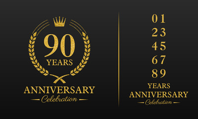 90 years golden glitter anniversary celebration badge, additional elements added for compilation any dates or years. Vector illustration.