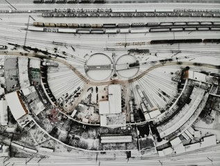 Aerial view at winter from the top Classification marshalling yard trains and railroad. Railway turntable with steam locomotives and wagons