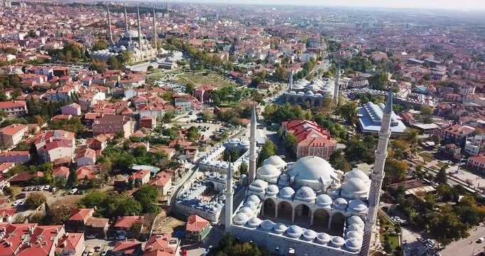 Amazing view of Edirne, Old mosques, Selimiye Mosque, Drone Shot, old town, 3 minarets, Edirne City aerial view 4K