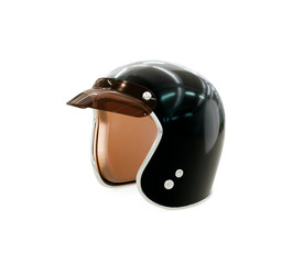 Helmet for a motorcycle, life safety accessory, black with a plastic visor and leather inside. Isolate on white background, isometric view. Photorealistic 3D render.