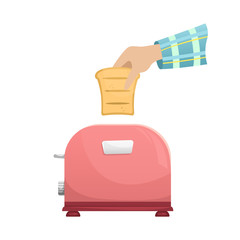 Hand drops a piece of bread into the toaster. Vector flat isolated illustration.