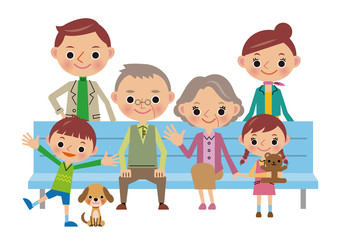 ベンチに座る3世代家族（バック白）