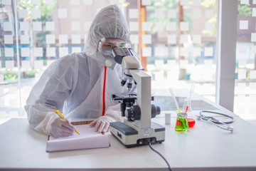 coronavirus covid 19, medical looking through a microscope for Corona Virus in laboratory for Prevention of pandemic, biological protective Epidemic virus outbreak concept.
