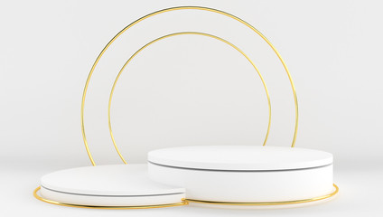 3D Rendering Of White And Gold Color With Minimal And Abstract Background. Mockup Stage Show With Shape And Geometry.