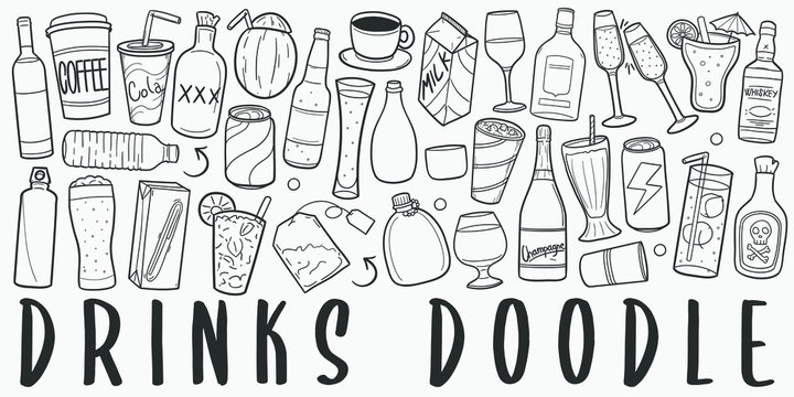 Drinks and Beverages Doodle Line Art Illustration. Hand Drawn Vector Clip Art. Banner Set Logos.