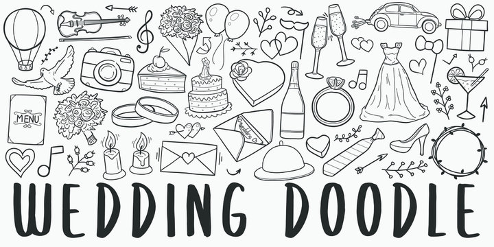 Wedding Party Doodle Line Art Illustration. Hand Drawn Vector Clip Art. Banner Set Logos.