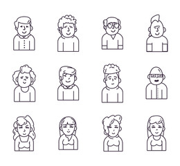 Isolated people avatars line style icon set vector design