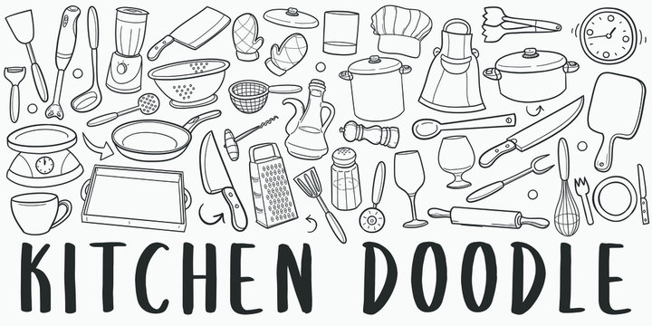 Kitchen Tools Doodle Line Art Illustration. Hand Drawn Vector Clip Art. Banner Set Logos.