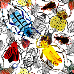 Pattern of colored watercolor beetles. Red beetle, blue, stag beetle, bronze. Insects with wings, entomology. Forest beautiful insects with small details. Textiles, wallpaper, stock illustration.