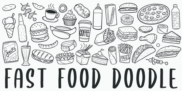 Fast Food Doodle Line Art Illustration. Hand Drawn Vector Clip Art. Banner Set Logos.