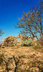 Bench on the witch dance place in Thale. Saxony-Anhalt, Harz, Germany