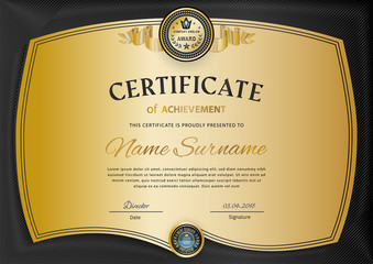 Official black gold certificate with vintage wave modern border. Business modern design. Gold emblem