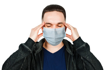 Sick guy looking at the camera with a surprised medical mask. Virus protection during an influenza epidemic.
