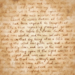Brown square background of an inked fragment of a vintage manuscript with a vignette. Texture of an...