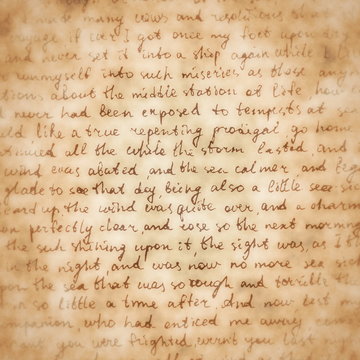 Brown square background of an inked fragment of a vintage manuscript with a vignette. Texture of an old handwritten letter. 