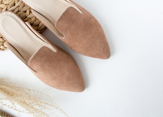 Woman Shoes. closeup. Top view. Women fashion. Ladies accessories. Girly casual formal shoe isolated. white background. Footwear on floor.