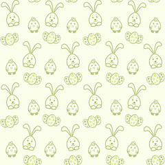 Cute Easter Bunny, chick and Easter eggs with decor. Decorative elements for Easter design. Vector seamless pattern for Easter holiday wrapping paper, printing on holiday packaging, fabric, textile