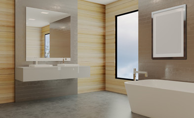 Large modern loft style bathroom. marble tile. 3D rendering.. Blank paintings.  Mockup