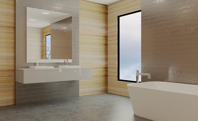 Large modern loft style bathroom. marble tile. 3D rendering.