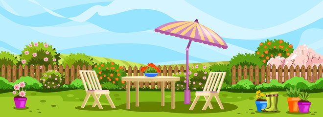 Horizontal spring banner with backyard, blooming bushes, flowers and fence. Elegant white outdoor furniture with large umbrella. Relax zone with chairs and table in the garden. - obrazy, fototapety, plakaty