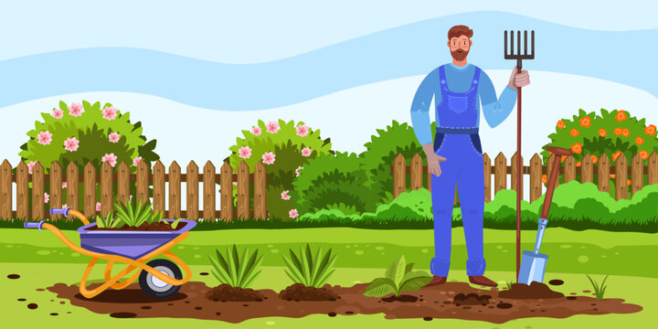 Horizontal banner with spring backyard, garden bed, flowers, seedlings, wheelbarrow and farmer. Character in overall with pitchfork, shovel in cartoon style. Male cultivating soil in country house