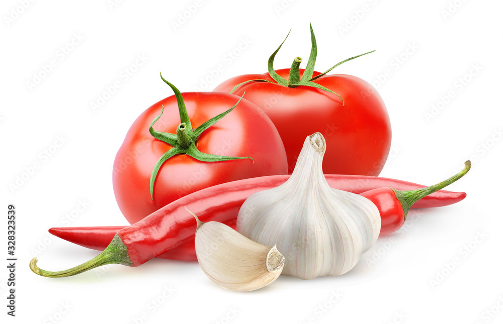 Wall mural isolated vegetables. fresh tomatoes, garlic and chili pepper (arrabbiata souce ingredients) isolated