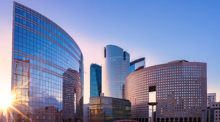 Panorama view of modern skyscrapers in paris at sunset, France
