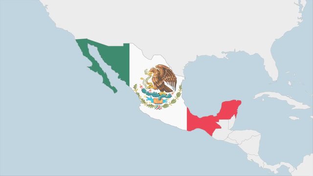 Mexico map highlighted in Mexico flag colors and pin of country capital Mexico City.