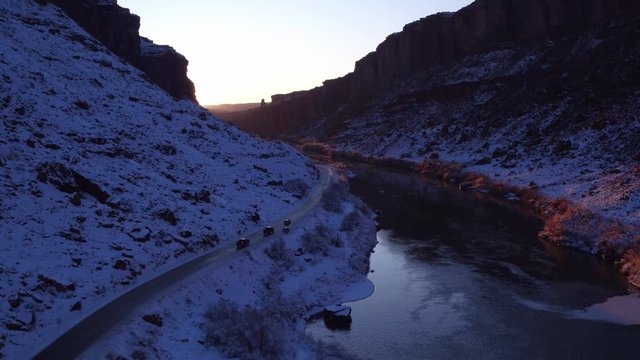 Aerial Footage Flyover of Colorado River in Winter Near Moab, Utah U.S.A. by Drone