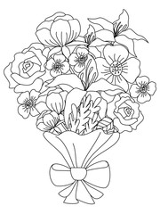 A bouquet of flowers for the holiday. Children coloring. Black lines, white background. Cartoon vector