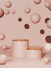 3D podium on beige pastel background and levitating balls. Summer Minimal holiday product promotion platform mockup with gold. Sunny 3D render  display and copy space. Banner trendy illustration 