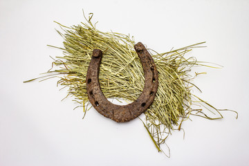 Cast iron metal horseshoe on hay, isolated on white background