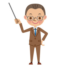 指し棒を使って解説する中年のサラリーマン