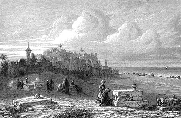 View of Jaffa ancient port city in Israel, engraving from a painting of Karl Girardet, Swiss-French history painter